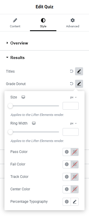The Results style section with the Grade Donut popover open: Size, Ring Width, the four colours and Percentage Typography