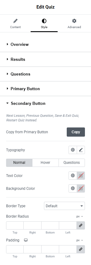 The Secondary Button section with the Copy from Primary Button action above the Normal, Hover and Questions tabs