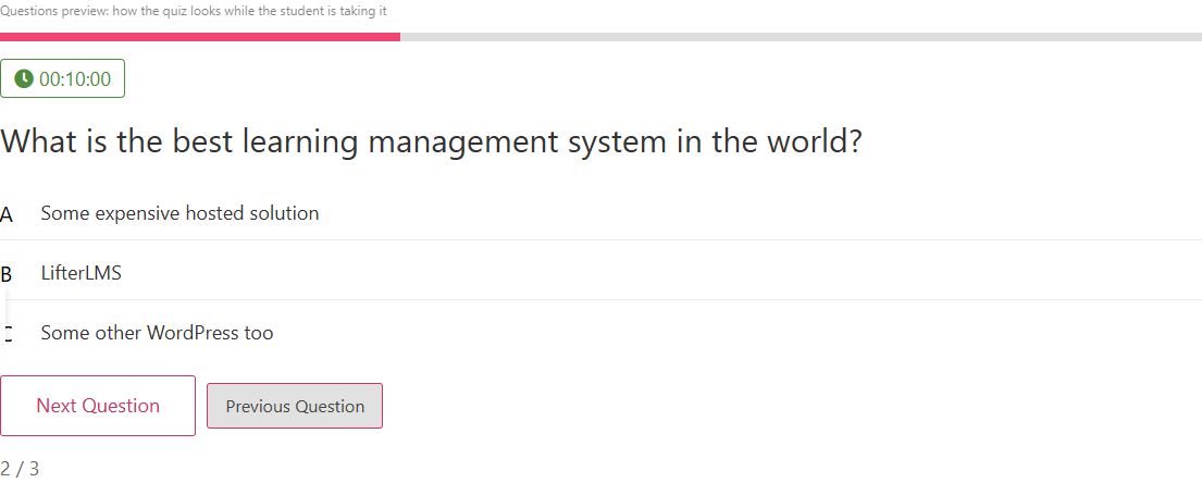 The question screen sample in the Stack layout: the progress bar on its own line, the timer below it at the left, then the question