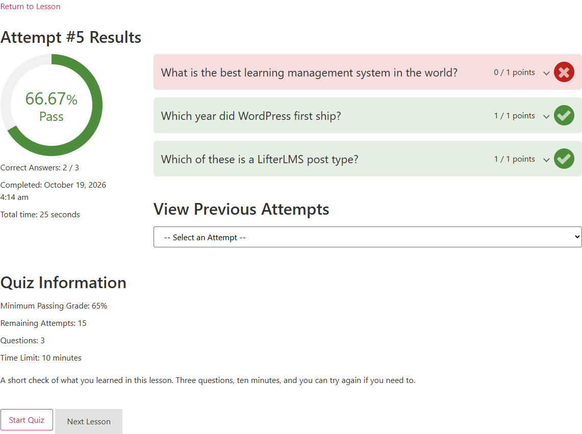 The results block after an attempt: the grade donut with Pass, correct answers and timing, the question review with a wrong answer expanded, and the previous attempts dropdown
