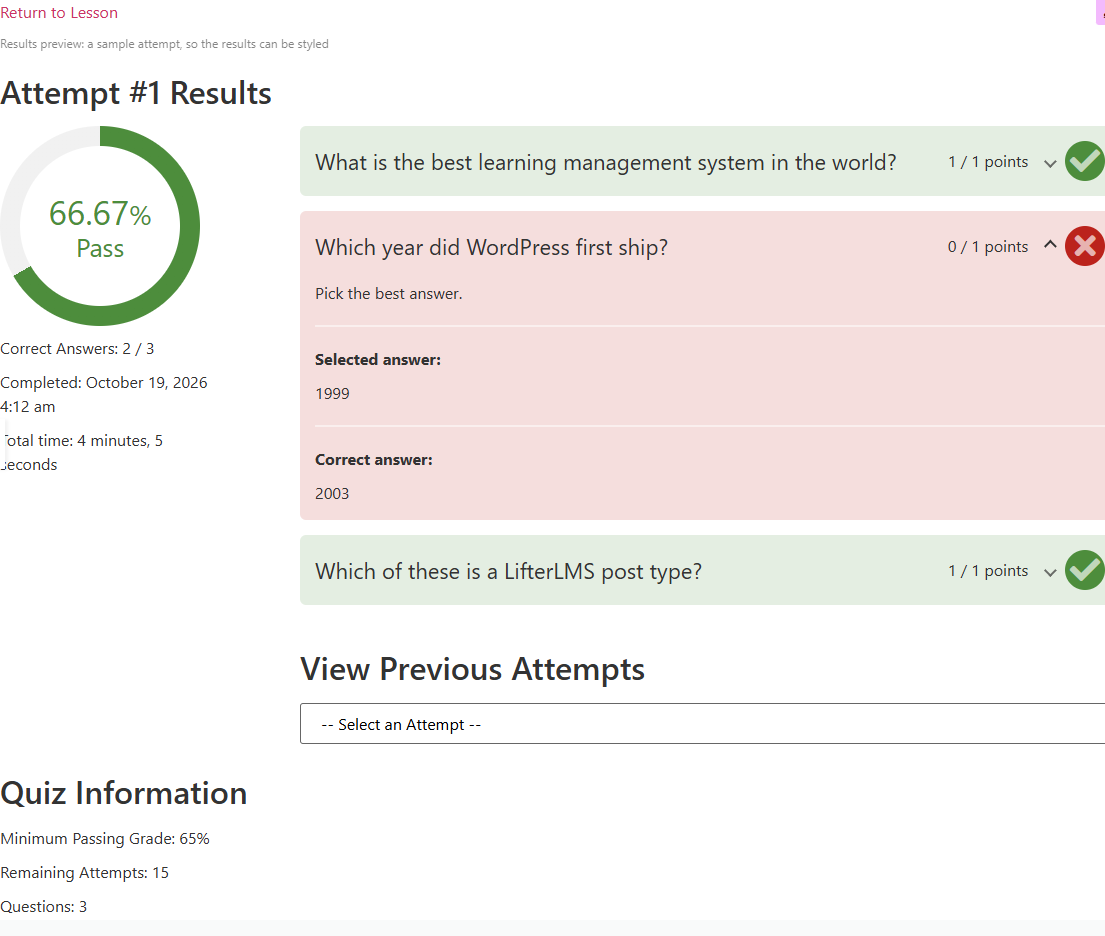 The results sample in the LifterLMS layout: the grade donut and details on the left, the question review on the right