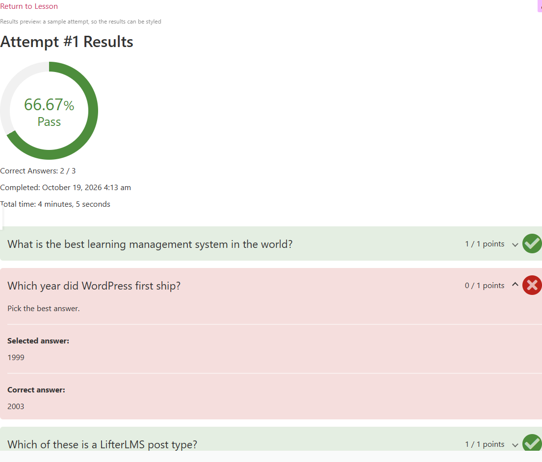 The results sample in the Stack layout: the grade donut and details above the full-width question review