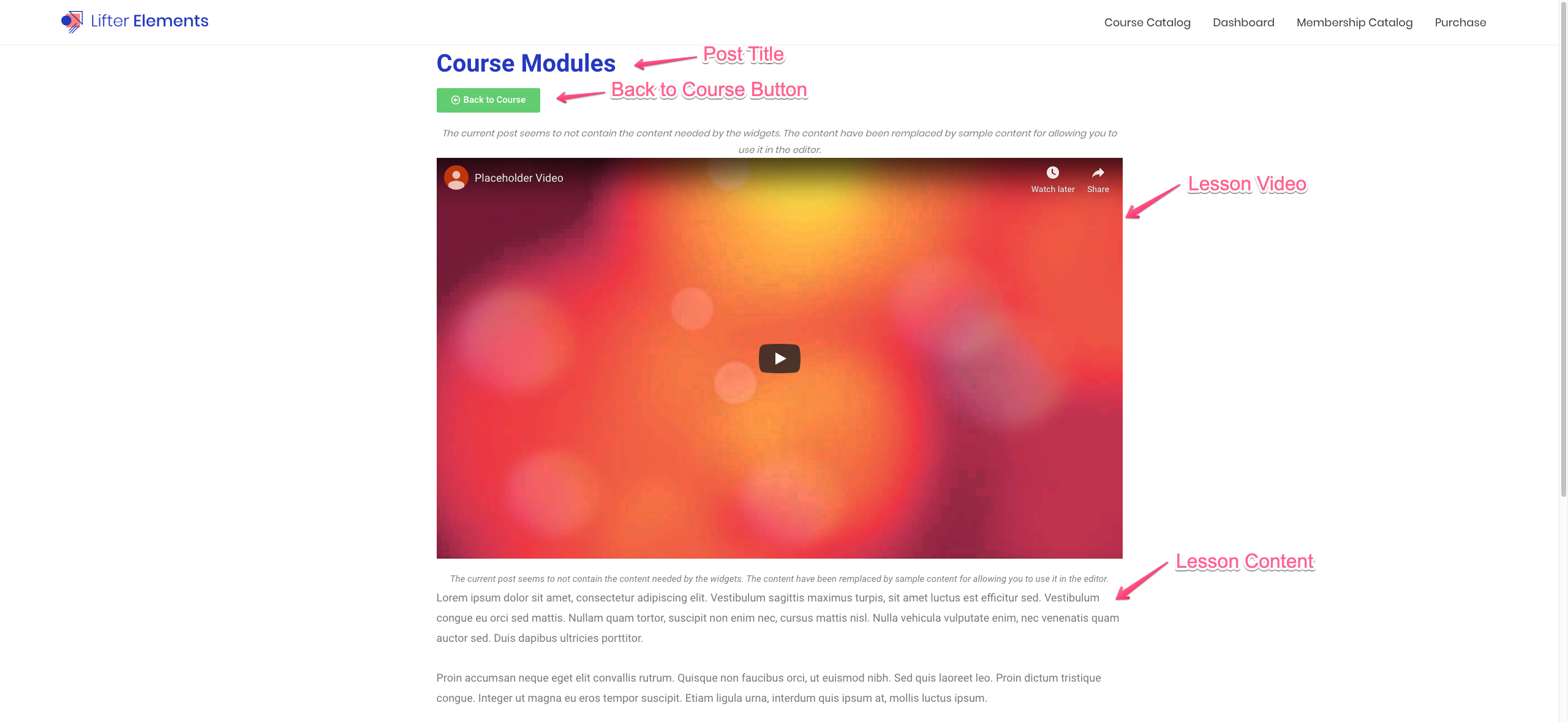 Elementor editor showing a lesson template built with the listed widgets