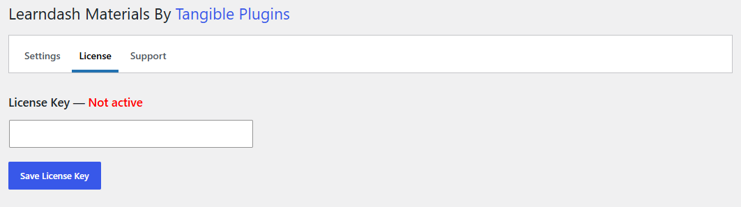 LearnDash Materials Extended License tab showing the License Key field with a Not active status