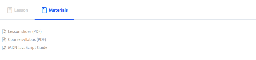 Materials tab showing three materials as a plain link list with icons