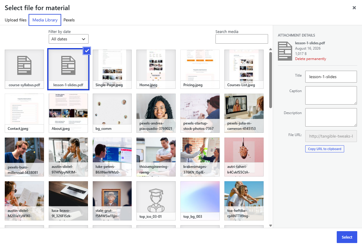 The WordPress media window titled Select file for material, with a PDF selected in the Media Library tab