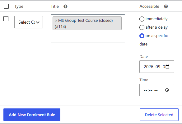A Course Enrolment rule set to "on a specific date" with a date and time picker
