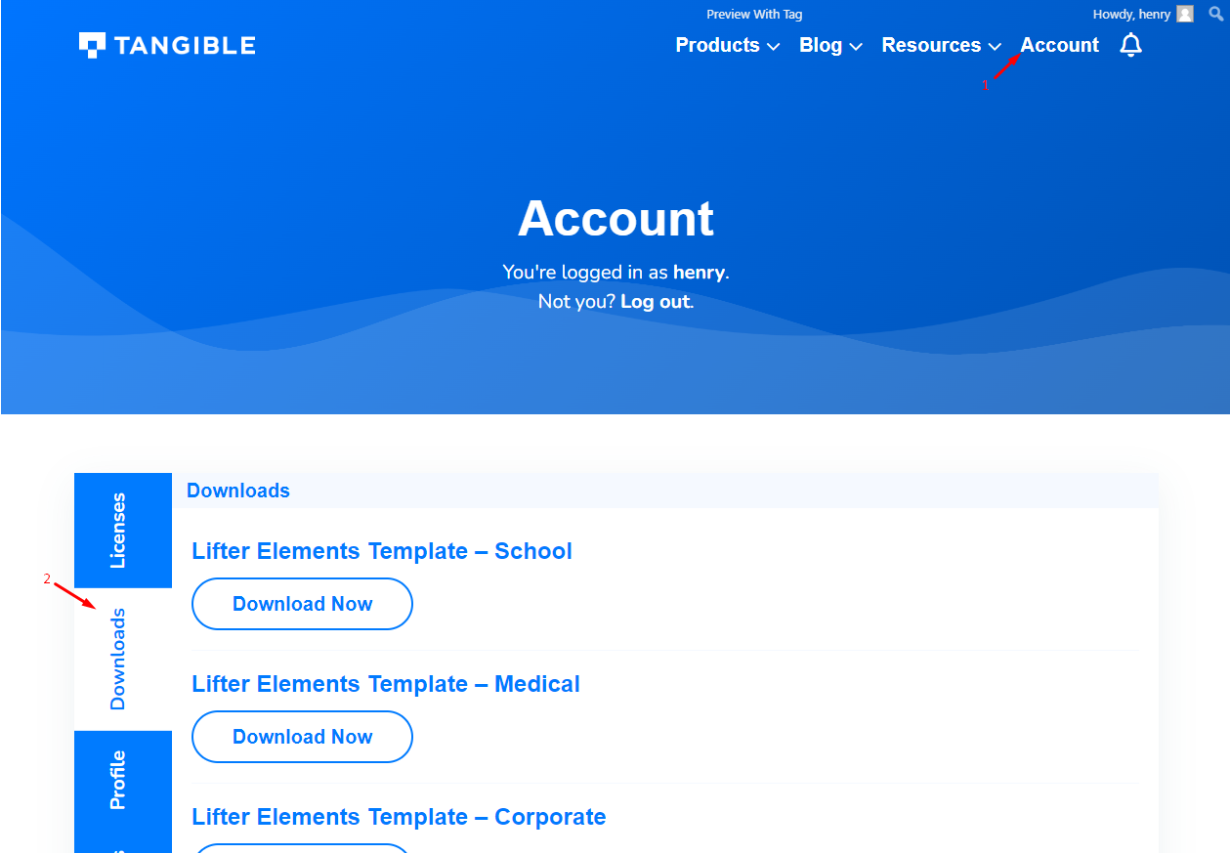 The Tangible account Downloads tab, where your purchased plugins appear with a Download Now button