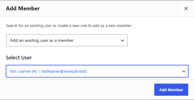 WooCommerce Memberships Add Member dialog with an existing user selected