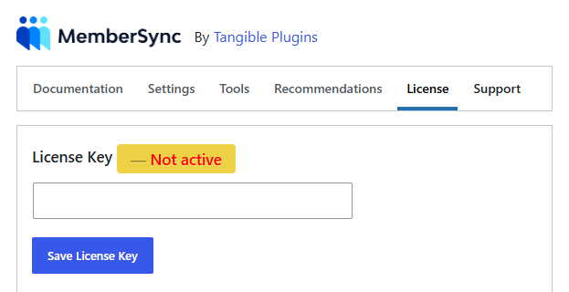 MemberDash License tab with the License Key field, Save License Key button, and a "Not active" status