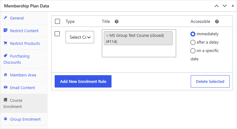 Membership plan Course Enrolment tab with a rule granting a course