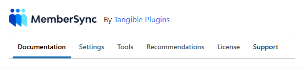 MemberDash MemberSync settings screen with its tab navigation: Documentation, Settings, Tools, Recommendations, License, Support
