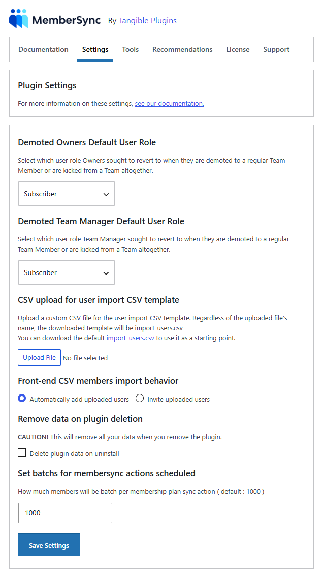 The Settings tab with the Teams add-on active, showing the demoted-role selects, the CSV template upload, the import-behaviour radios, the remove-data toggle, and the sync batch size