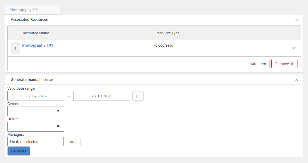 A license type — associated resources and manual generation