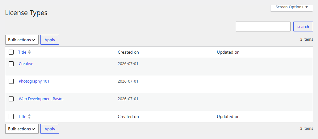 The generated License Types