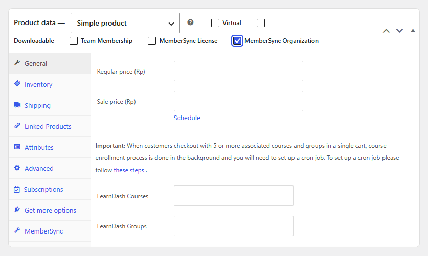 MemberSync Organization product — General tab