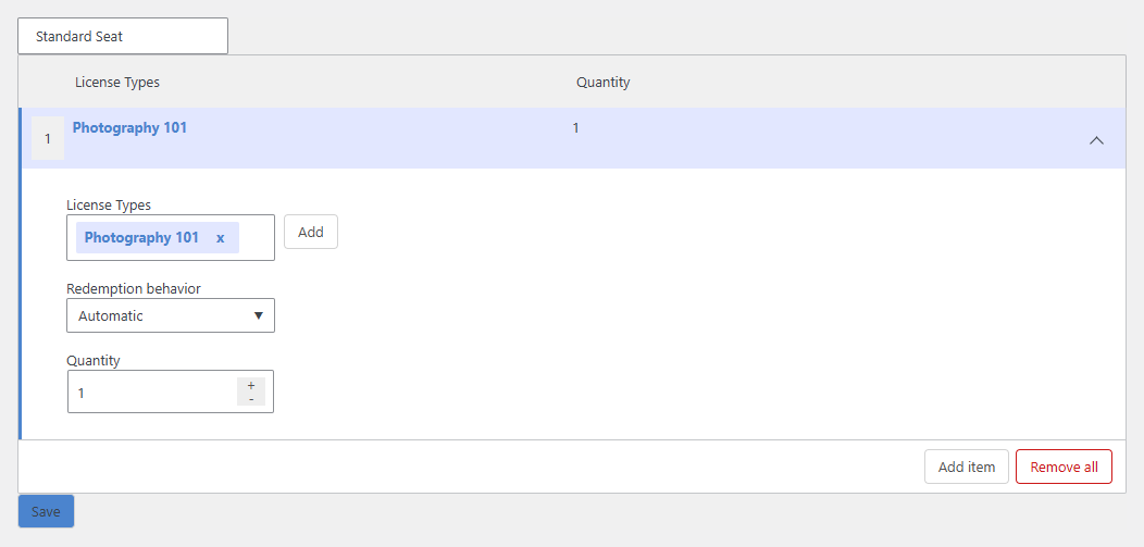 Configuring a license type on a seat type
