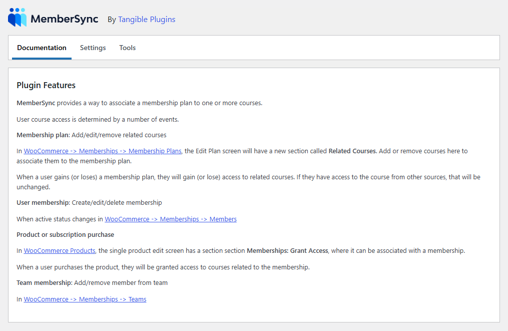 The Documentation tab