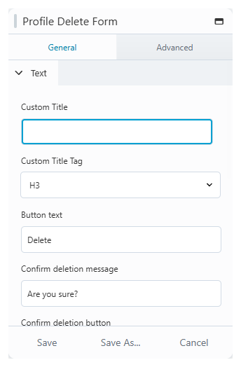 Profile Delete Form module in Beaver Builder with the settings panel open