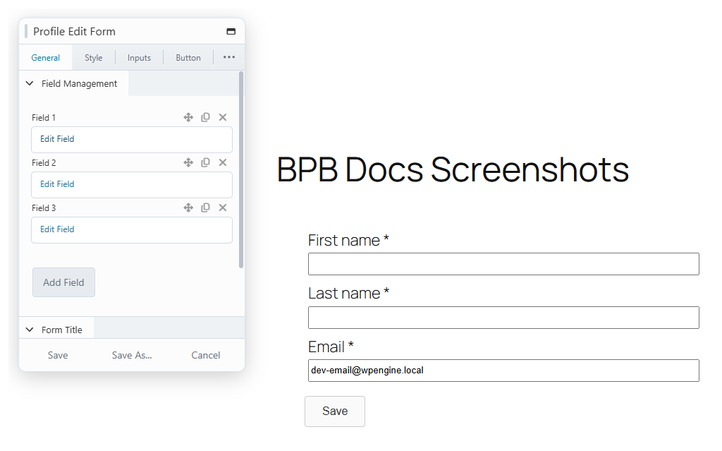 Profile Edit Form module in Beaver Builder with the settings panel open