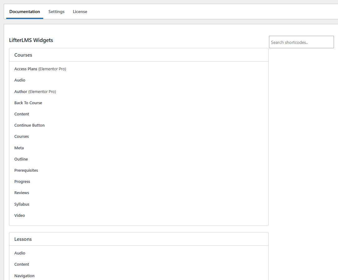 Lifter Elements Documentation tab listing the shortcodes