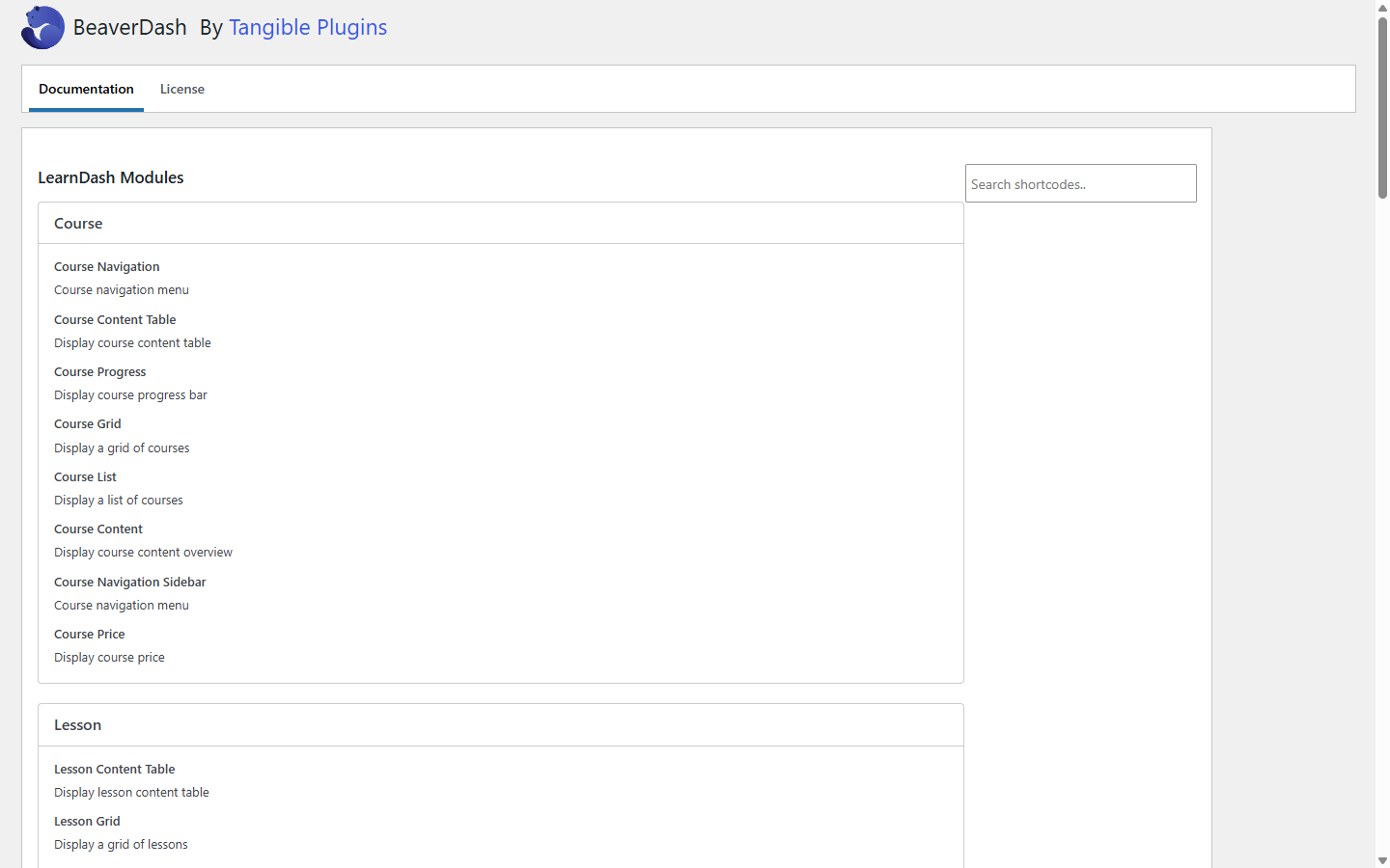 BeaverDash settings Documentation tab listing registered modules and connections
