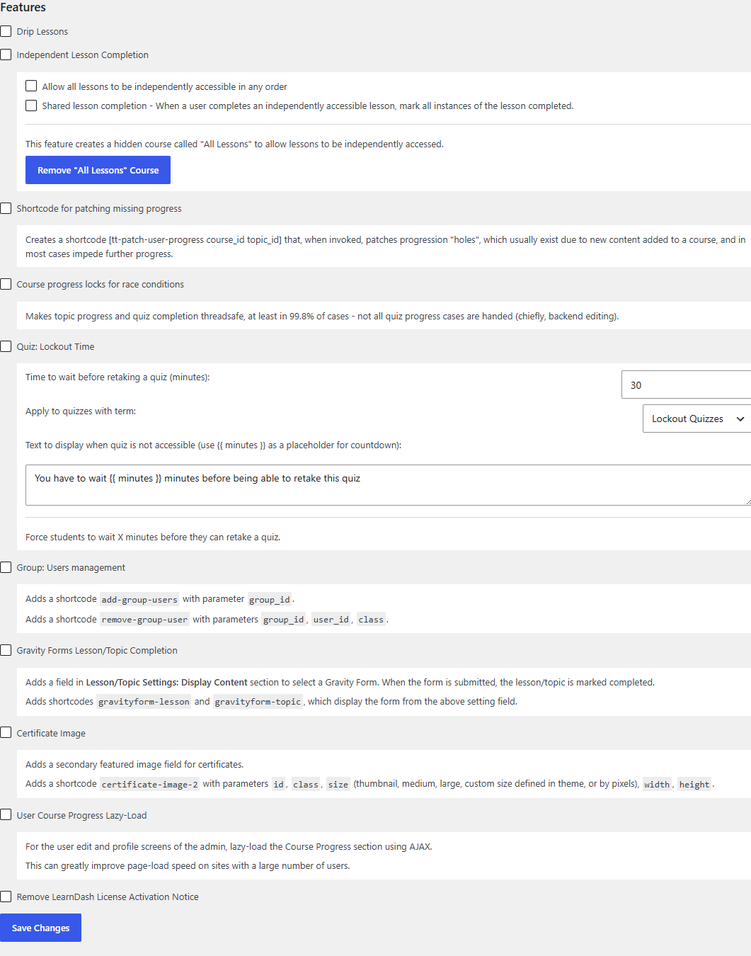 Tweaks for LearnDash settings page showing the Features tab with feature toggles