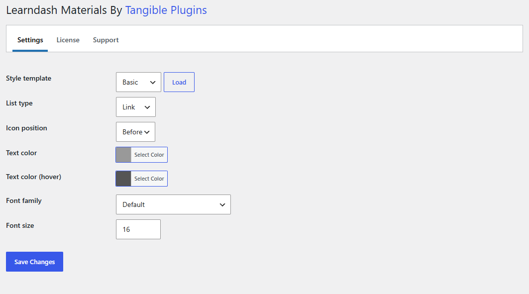 The Learndash Materials settings page with the Basic style loaded: list type Link, icon position, text colours, font family and size