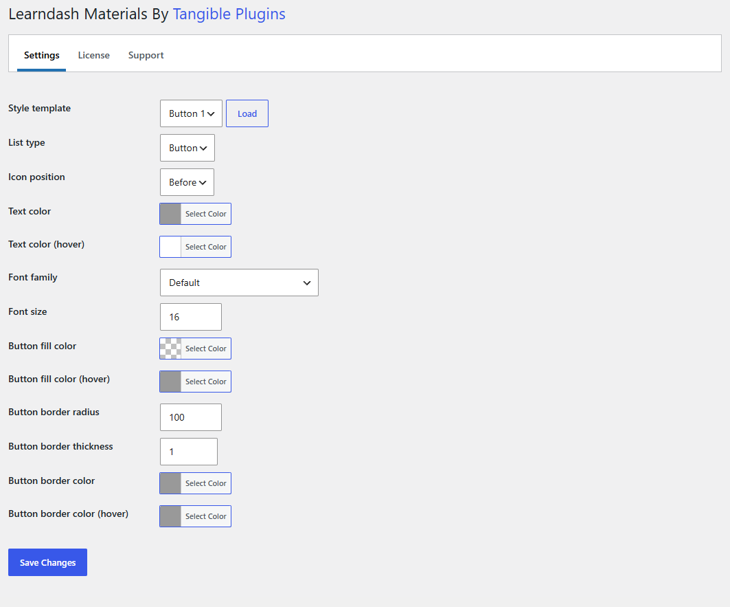 The settings page with the Button 1 preset loaded, showing the additional button fill, radius, thickness, and border colour fields