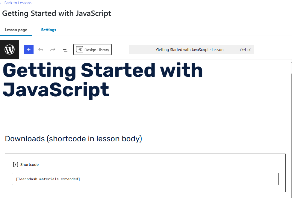 The block editor with a Shortcode block containing learndash_materials_extended under a Downloads heading