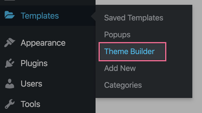Elementor Theme Builder entry in the WordPress Templates menu